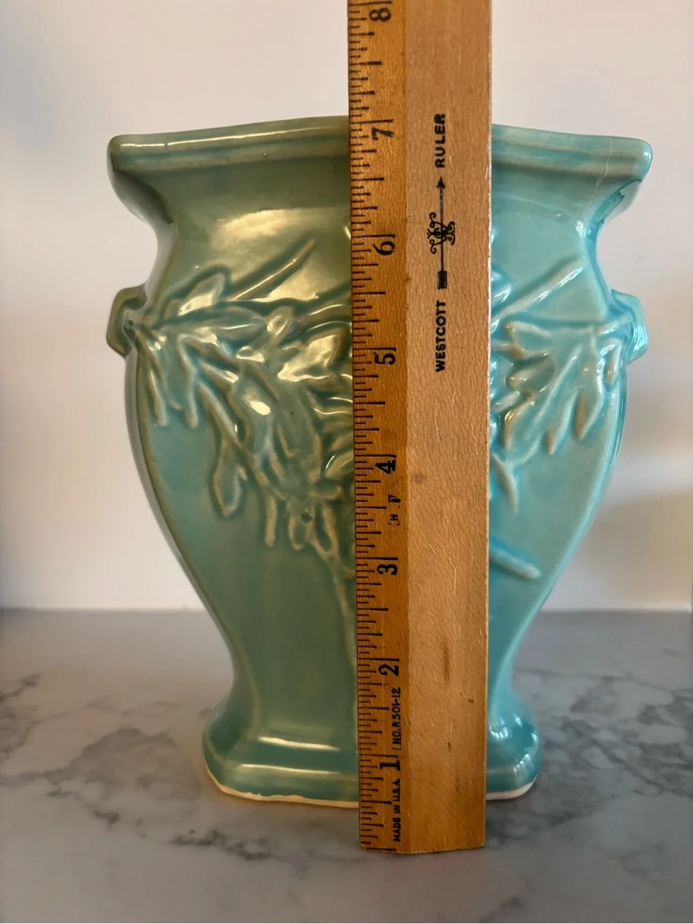 Vintage McCoy Pottery Turquoise Chrysanthemum Vase Art Deco Handles 1950s 7